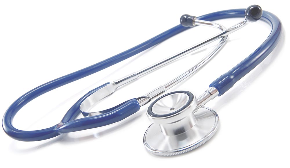 blue doctor's stethoscope on whote counter