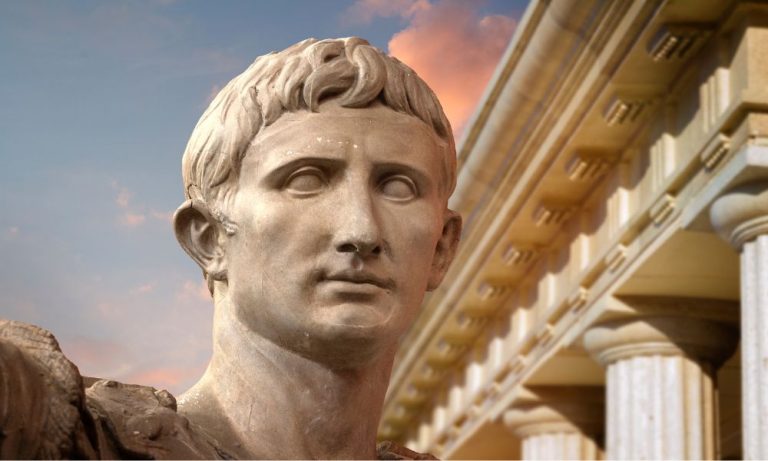 Statue of Julius Caesa who had epilepsy in front of roman architecture in daytime