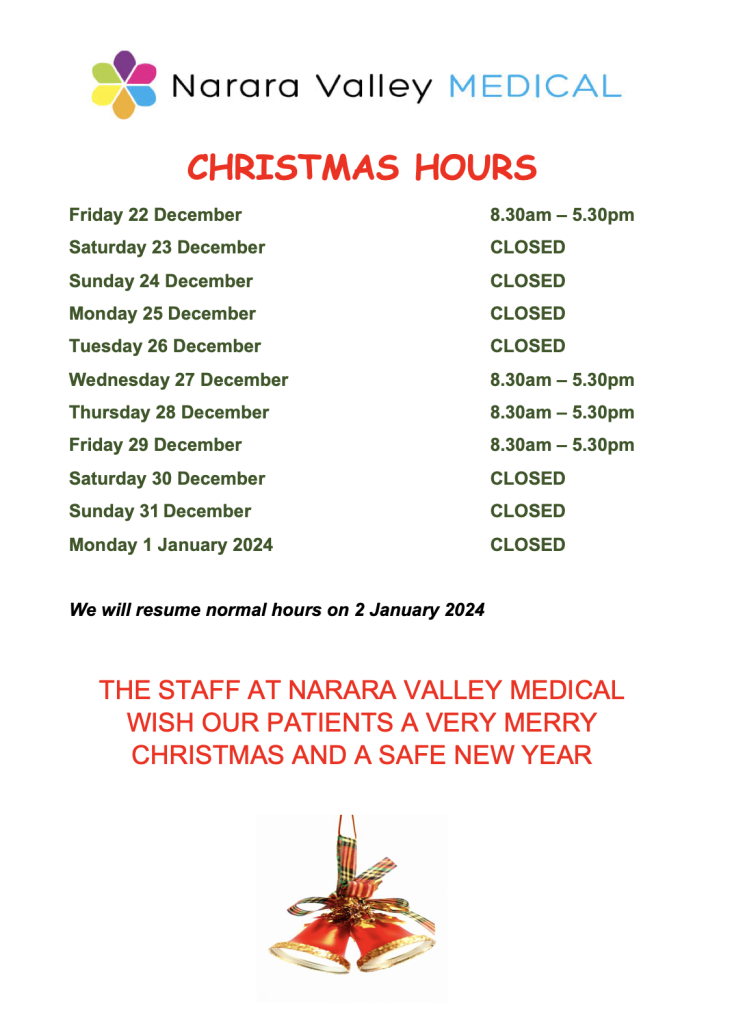 Narara Valley Medical's 2023 Christmas hours and closure dates