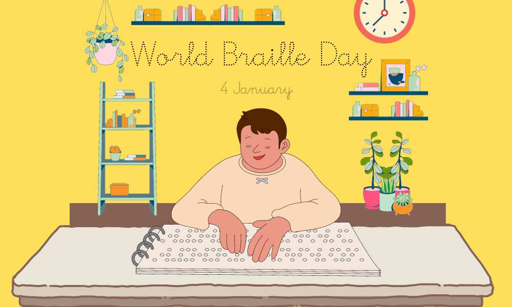 drawing of a manreading a braille hook at a desk in front of a yellow wall