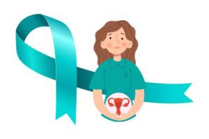 illustration of a female in Teal t-shirt holding a picture of her ovaries in front of a teal ribbon