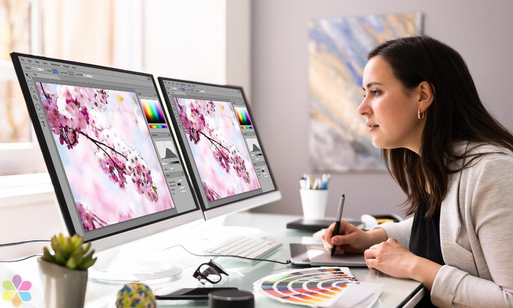 woman sketches while looking at two computer screens of cherry blossoms