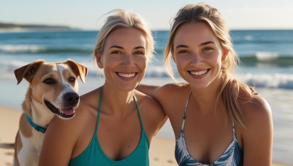 two white women who bear family resemblance at the beach on a sunny day with a happy dog