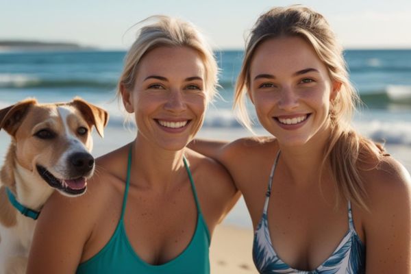 two women, a mother and daughter, and dog at the beach on a sunny day