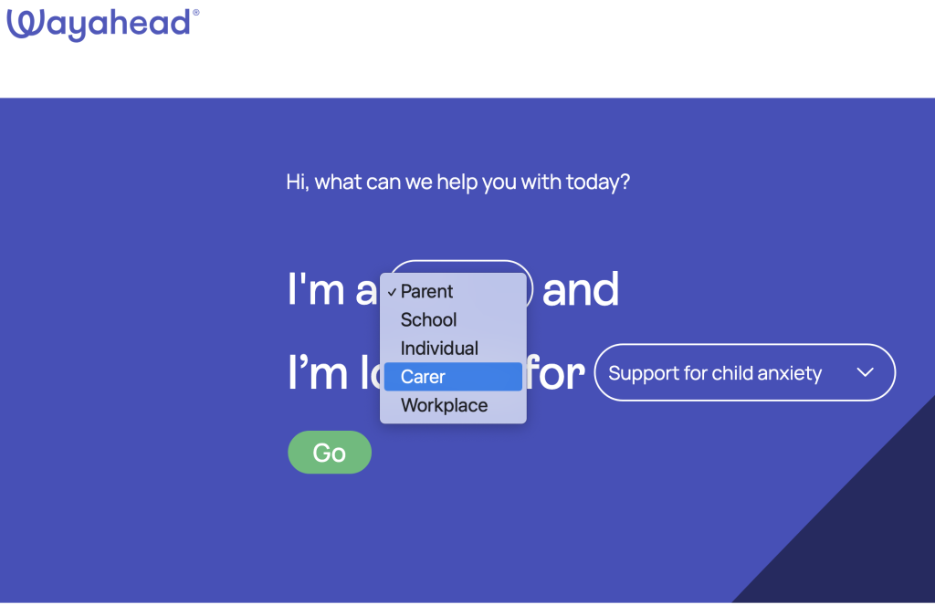 Wayahead website screenshot showing a menu for who you are