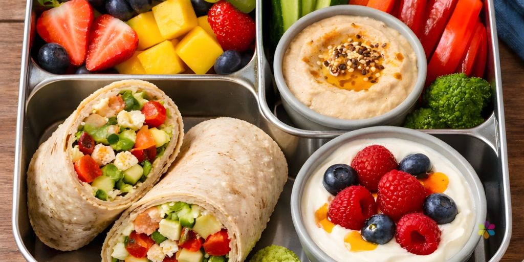 nutritiouslunchboxwithawrap,hummus,yogurt,fruitandvegetables