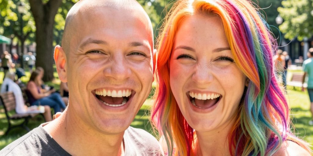 smiling man with shaved head next to smiling woman with rainbow hair