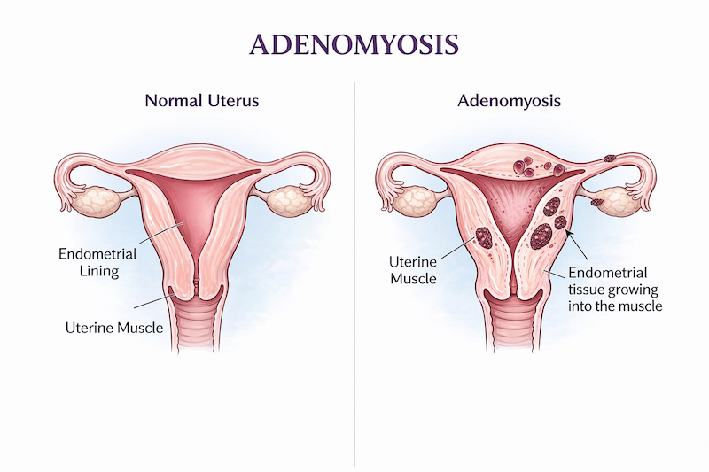 Illustration above showing normal uterus on left side and adenomyosis on right. Adenomyosis involves endometrial tissue (shown with dark splotches) growing into the uterine muscle causing painful, heavy periods and other symptoms. | Image made by author