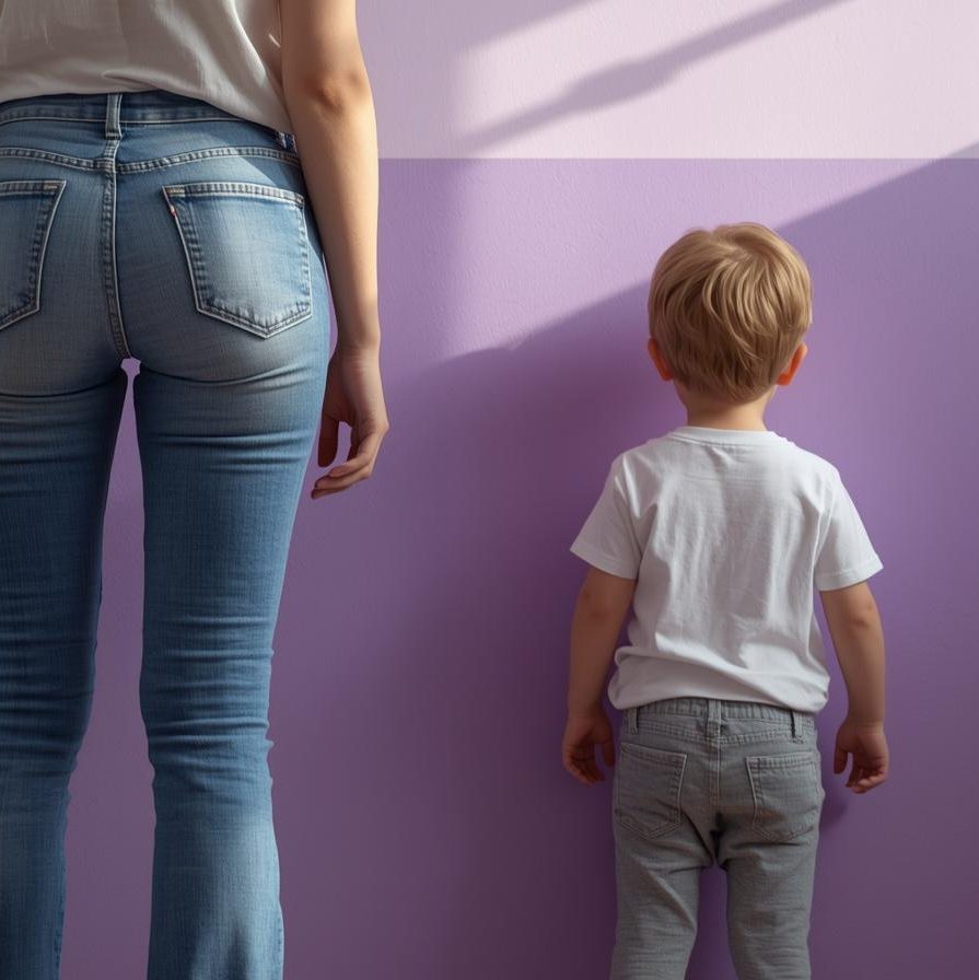 woman and boy stare at half painted wall