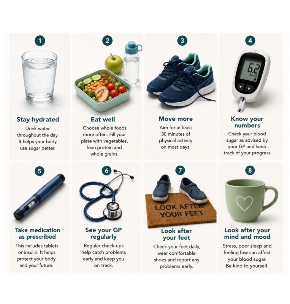 Poster showing 8 ways to look after yourself. 1. Stay hydrated 2. Eat well 3. Move more 4. Know your numbers 5. Take medication as prescribed 6. See your GP regularly 7. Look after your feet 8. Look after your mood and mind